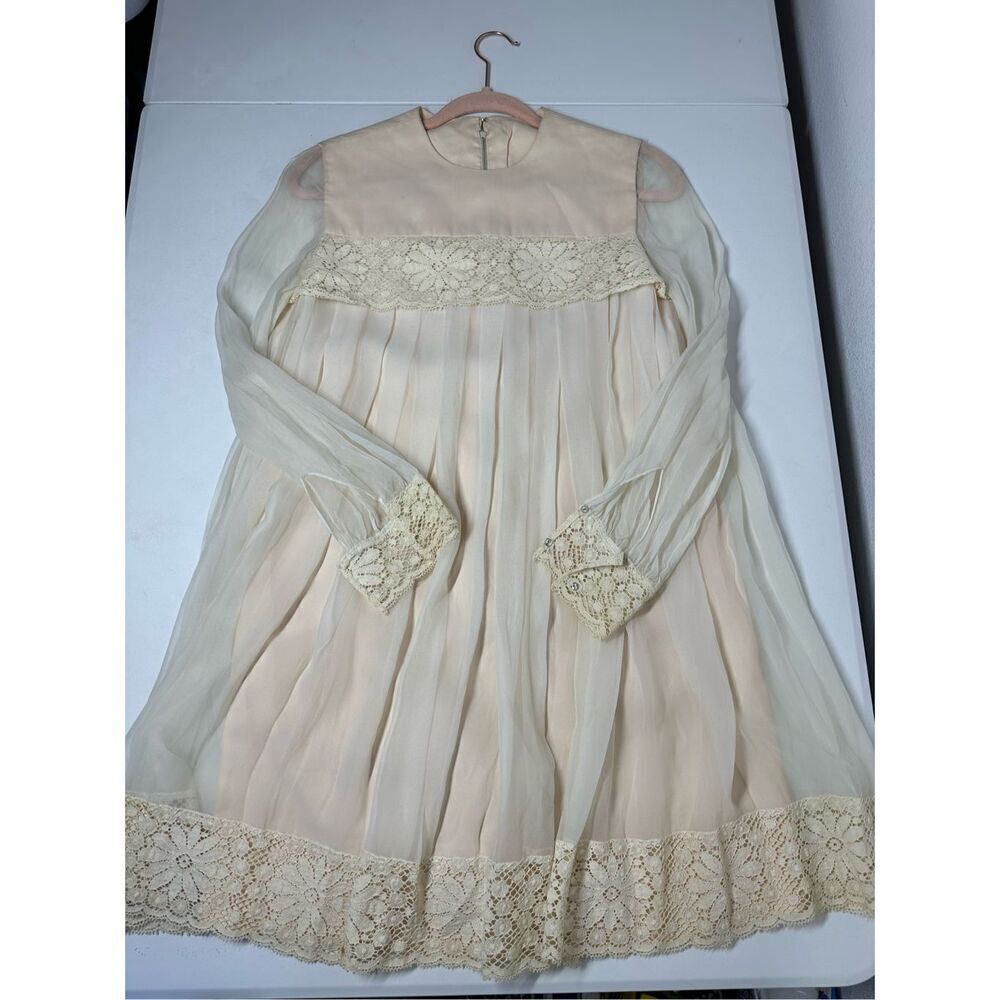 Rare Vintage Pleated Mini Dress Lace Trim Lined Sheer Size 5 (M) Cream Back Zip - Picture 5 of 15